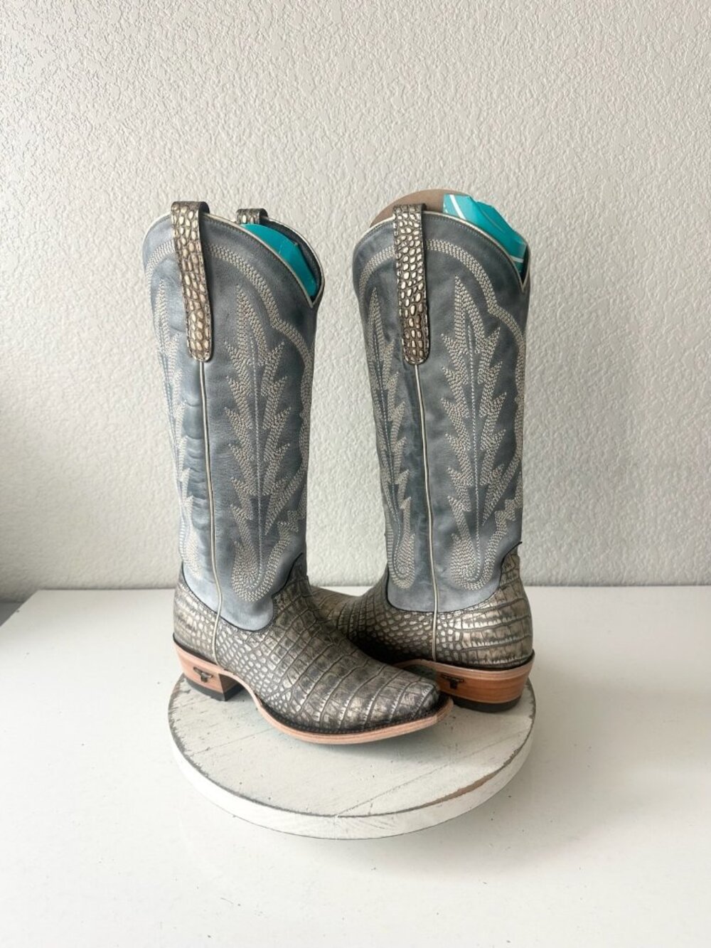 Lane Skylight Gilded Denim Cowboy Boots Western Cowgirl Mid Calf Snip Toe Size 6